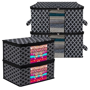 kuber industries saree cover amp underbed stoarge bag set  2 pieces saree amp 2 pieces underbed storage bag combo set  zipper closure amp handle  wooden-texture-design  set of 4  brown