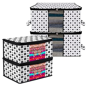 kuber industries saree cover amp underbed stoarge bag set  2 pieces saree amp 2 pieces underbed storage bag combo set  zipper closure amp handle  dot-design  set of 4  black