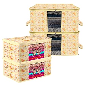 kuber industries saree cover amp underbed stoarge bag set  2 pieces saree amp 2 pieces underbed storage bag combo set  zipper closure amp handle  red flower-design  set of 4  ivory
