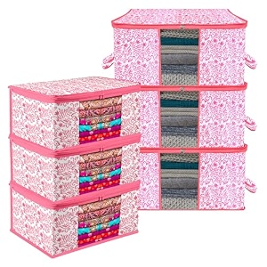 kuber industries non-woven saree cover amp underbed stoarge bag set  2 pieces saree amp 2 pieces underbed storage bag combo set  zipper closure amp handle  leaf-design  set of 4  pink