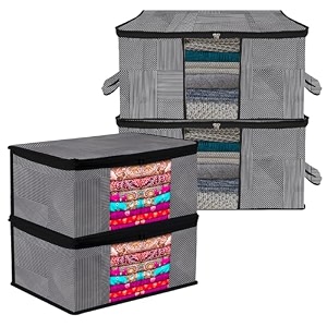 kuber industries saree cover amp underbed stoarge bag set  2 pieces saree amp 2 pieces underbed storage bag combo set  zipper closure amp handle  wooden-texture-design  set of 4  brown