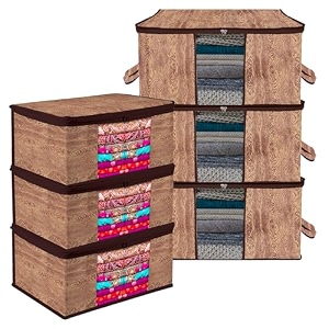 kuber industries saree cover amp underbed stoarge bag set  3 pieces saree amp 3 pieces underbed storage bag combo set  zipper closure amp handle  wooden-texture-design  set of 6  brown