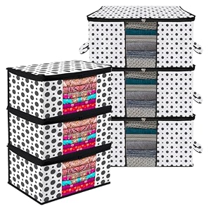 kuber industries saree cover amp underbed stoarge bag set  3 pieces saree amp 3 pieces underbed storage bag combo set  zipper closure amp handle  dot-design  set of 6  black