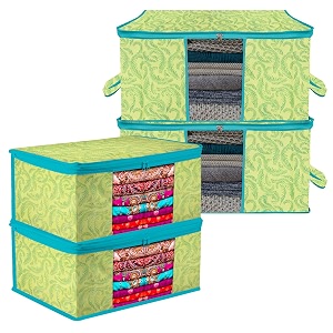 kuber industries saree cover amp underbed stoarge bag set  2 pieces saree amp 2 pieces underbed storage bag combo set  zipper closure amp handle  leaf-design  set of 4  green