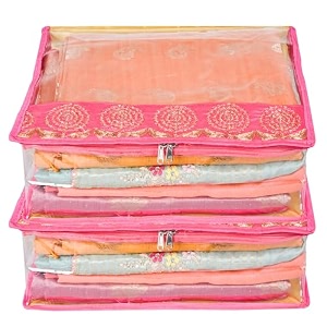 kuber industries saree cover  single packing zip closure clothes storage bag  wardrobe organizer  palki packing saree cover  pack of 6  pink