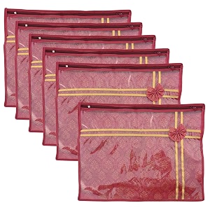 kuber industries pack of 6 single saree bags  wardrobe storage bag for clothes  lightweight-portable garments bag  top visible window single packing cloth bag  bow golden printed  maroon