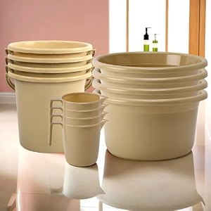 kuber industries plastic set of 3 bathroom combo set  bathing set  bathware set  tub-bucket amp mug combo set for bathroom  modern bathroom accessories set  beige