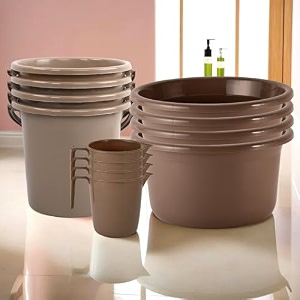 kuber industries set of 6 bathroom combo set  bathing set  bathware set  2 piece tub-2 piece bucket amp 2 piece mug combo set for bathroom  bathroom accessories set  brown