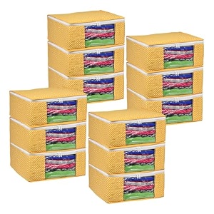 kuber industries set of 6 saree organizer for wardrobe - foldable cloth storage box for clothes  petticoat  sari  lehenga  dress - almirah amp underbed bags with zip cover printed designyellow