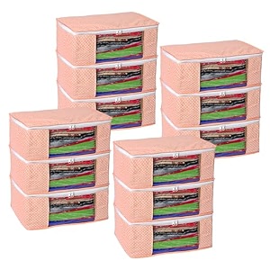 kuber industries set of 6 saree organizer for wardrobe - foldable cloth storage box for clothes  petticoat  sari  lehenga  dress - almirah amp underbed bags with zip cover printed design peach