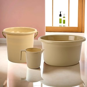 kuber industries plastic set of 3 bathroom combo set  bathing set  bathware set  tub-bucket amp mug combo set for bathroom  modern bathroom accessories set  beige