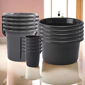 kuber industries plastic set of 3 bathroom combo set  tub-bucket amp mug combo set for bathing  bathware set  modern bathroom accessories set  gray