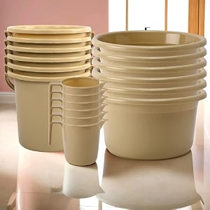 kuber industries plastic set of 3 bathroom combo set  bathing set  bathware set  tub-bucket amp mug combo set for bathroom  modern bathroom accessories set  beige