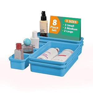 kuber industries 8 pcs set plastic interlocking desk drawer organizer trays for home and office  cutlery tray for kitchen drawers organisers  vanity makeup and dressing table organiser  blue