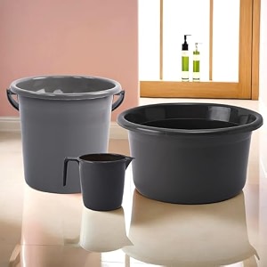 kuber industries plastic set of 3 bathroom combo set  tub-bucket amp mug combo set for bathing  bathware set  modern bathroom accessories set  gray
