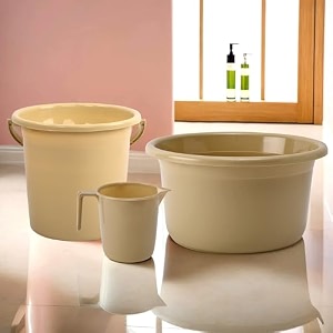 kuber industries plastic set of 3 bathroom combo set  bathing set  bathware set  tub-bucket amp mug combo set for bathroom  modern bathroom accessories set  beige
