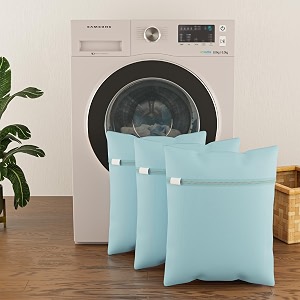 kuber industries set of 3 polyester mesh laundry bag with zip  reusable washing bags for washing machine  ideal for lingerie delicate fabrics amp shoes protection  yz-6-blu  plain - blue