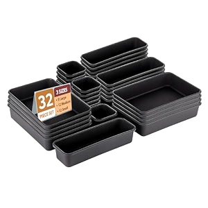 kuber industries acrylic storage organizer set  kitchen organizer  makeup organizer tray set  desk drawer divider tray  multi-purpose stationery organizer with interlock  8 piece set  black