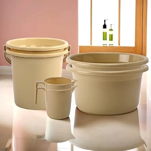 kuber industries set of 6 bathroom combo set  bathing set  bathware set  2 piece tub-2 piece bucket amp 2 piece mug combo set for bathroom  bathroom accessories set  beige