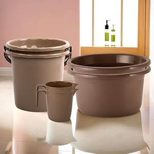 kuber industries set of 6 bathroom combo set  bathing set  bathware set  2 piece tub-2 piece bucket amp 2 piece mug combo set for bathroom  bathroom accessories set  brown