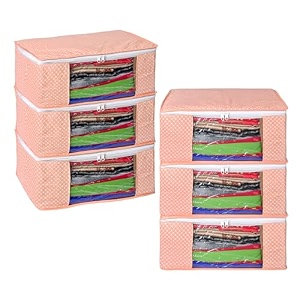 kuber industries set of 6 saree organizer for wardrobe - foldable cloth storage box for clothes  petticoat  sari  lehenga  dress - almirah amp underbed bags with zip cover printed design peach