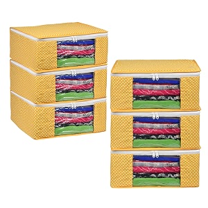 kuber industries set of 6 saree organizer for wardrobe - foldable cloth storage box for clothes  petticoat  sari  lehenga  dress - almirah amp underbed bags with zip cover printed designyellow