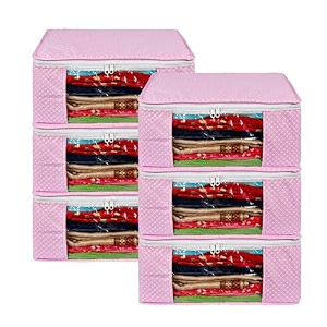 kuber industries set of 6 saree organizer for wardrobe - foldable cloth storage box for clothes  petticoat  sari  lehenga  dress - almirah amp underbed bags with zip cover printed design pink