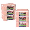 Kuber Industries (Set of 6) Saree Organizer for Wardrobe - Foldable Cloth Storage Box for Clothes | Petticoat | Sari | Lehenga | Dress - Almirah &amp; Underbed Bags with Zip Cover (Printed Design) (Peach)