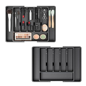 kuber industries 2 pcs cosmetics drawer organizer tray  makeup storage with 8 compartments for brushes lipsticks eyeliners amp applicator  black