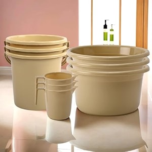 kuber industries plastic set of 3 bathroom combo set  bathing set  bathware set  tub-bucket amp mug combo set for bathroom  modern bathroom accessories set  beige