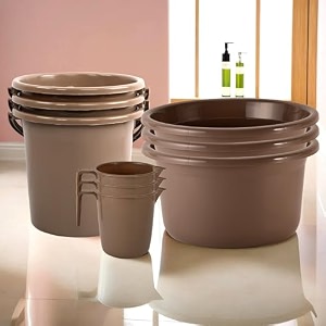 kuber industries set of 6 bathroom combo set  bathing set  bathware set  2 piece tub-2 piece bucket amp 2 piece mug combo set for bathroom  bathroom accessories set  brown