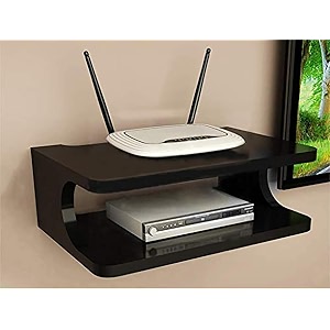 kuber industries setup box stand  engineered wooden wifi router game console remote holding wall shelf  wall mount rack for home dcor set of 1 black media console organizer