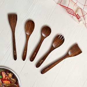 kuber industries sheesham handicrafts wooden serving and cooking spoons  no harmful polish  naturally non-stick  wood brown spoons kitchen utensil  handmade spatula set of 5