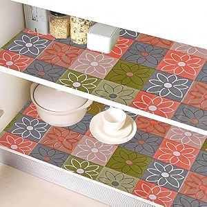 kuber industries pvc10 mtr multipurpose flower anti slip kitchen mats for shelfwaterproof trolley mats for fridgecabinetdrawerbathroomliner for refrigeratoreasy to cutorangemulticolor
