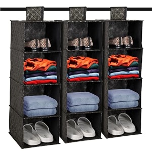 kuber industries pack of 3 non woven foldable 4 shelf hanging closet organizerorganiser  wardrobecupboardalmirah hanging cloth organizer  perfect for clothes golden-dot-black