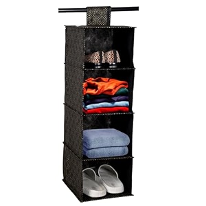 kuber industries non woven foldable 4 shelf hanging closet organizerorganiser  wardrobecupboardalmirah hanging cloth organizer  perfect for clothesgarment  golden-dot-black
