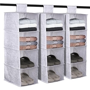kuber industries non woven foldable 4 shelf hanging closet organizerorganiser  wardrobecupboardalmirah hanging cloth organizer  perfect for clothesgarment  jute printed-grey