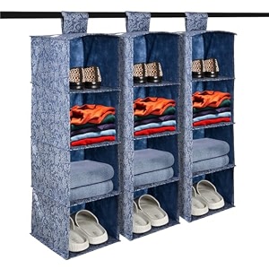 kuber industries non woven foldable 4 shelf hanging closet organizerorganiser  wardrobecupboardalmirah hanging cloth organizer  perfect for clothesgarment  golden-dot-black