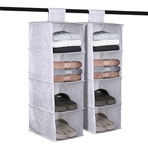 kuber industries pack of 2 non woven foldable 4 shelf hanging closet organizerorganiser  wardrobecupboardalmirah hanging cloth organizer  perfect for daily wear clothes jute printed-grey