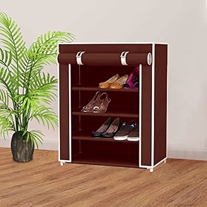 kuber industries shoe rack for homenon-woven foldable shoe rack4 shelf foldable storage rackshoe organizerclothesbooksbrown