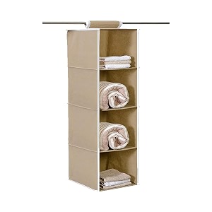 kuber industries shoe stoarge rack  4 shelf closet hanging organizer  foldable wardrobe storage for cloth toys  dress shelf for clothes with velcro  plain  light brown