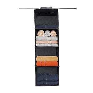 kuber industries shoe stoarge rack  4 shelf closet hanging organizer  foldable wardrobe storage for cloth toys  dress shelf for clothes with velcro  plain  black