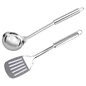 Kuber Industries Slotted Turner &amp; Ladle|Stainless Steel Serving Set|Nonstick Cooking Set|Utensils Cookware Gadgets for Kitchen|Pack of 2 (Silver)