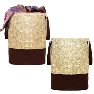 kuber industries non-woven round laundry basket for clothesmetalic print foldable toy storage organizerreinforced handle with sturdy base 45 ltrpack of 2 beige
