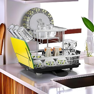 kuber industries stainless steel 2-tier kitchen dish drainer rack with removable drain board  dishwash organizer  utensils drying rack with drainer tray  vesselbartan stand for sink  black