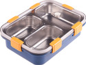 KUBER INDUSTRIES Stainless Steel 3 Compartments Lunch Box|Chopstick & Spoon|SUS304|Blue 3 Containers Stainless Steel Office Lunch Box