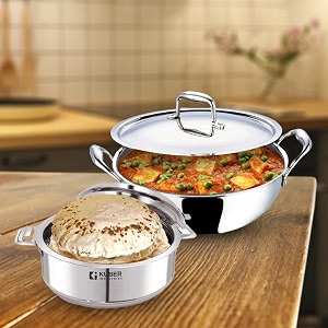 kuber industries stainless steel kadhai with lid amp casserole i tri-ply kadai induction base i kadai 16 litres amp casserole 2 litre capacity i extra deep i riveted handles