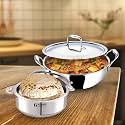 Kuber Industries Stainless Steel Kadhai with lid & Casserole I Tri-ply Kadai Induction Base I Kadai 1.6 litres & Casserole 2 Litre Capacity I Extra Deep I Riveted Handles