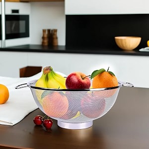 kuber industries stainless steel vegetables strainer  multipurpose colander basket for pasta-noodles-grains 10 inch  silver