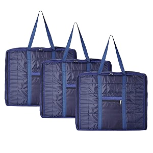 kuber industries 3 pcs jumbo storage bag with handle amp zipper closure  parachute underbedwardrobe clothes storage organizer  blue